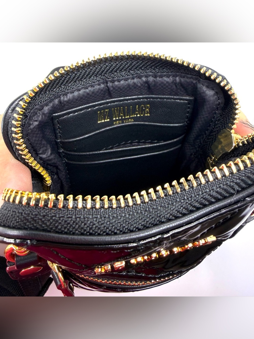 MZ Wallace Micro Crosby Patent Phone Crossbody Black Gold Hardware - Picture 4 of 16